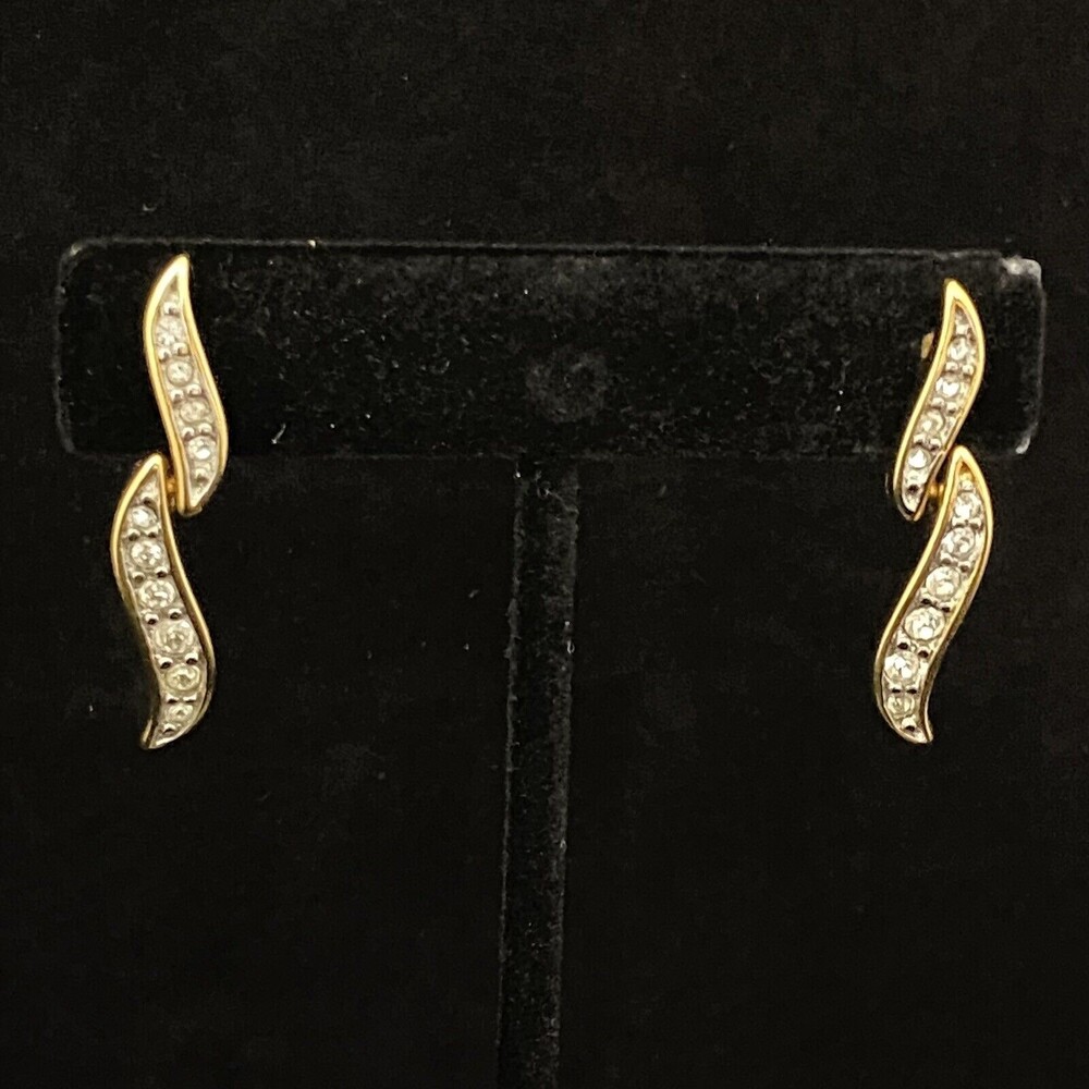 Monet Gold & White Rhinestone Feather Leaf Dangle Post Earrings - Picture 2 of 10